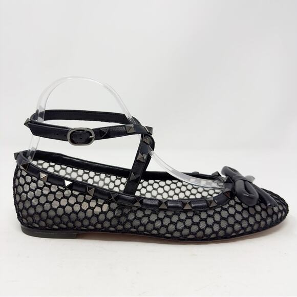 Valentino Rockstud Black Mesh Bow Ballet Flats Size 38.5 - Picture 6 of 13